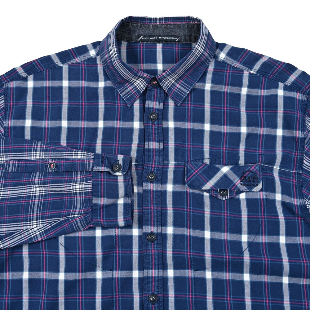 Marithe Francois Girbaud Shirt Mens XL Blue Plaid L/S Button Up Hip Hop Rap Logo